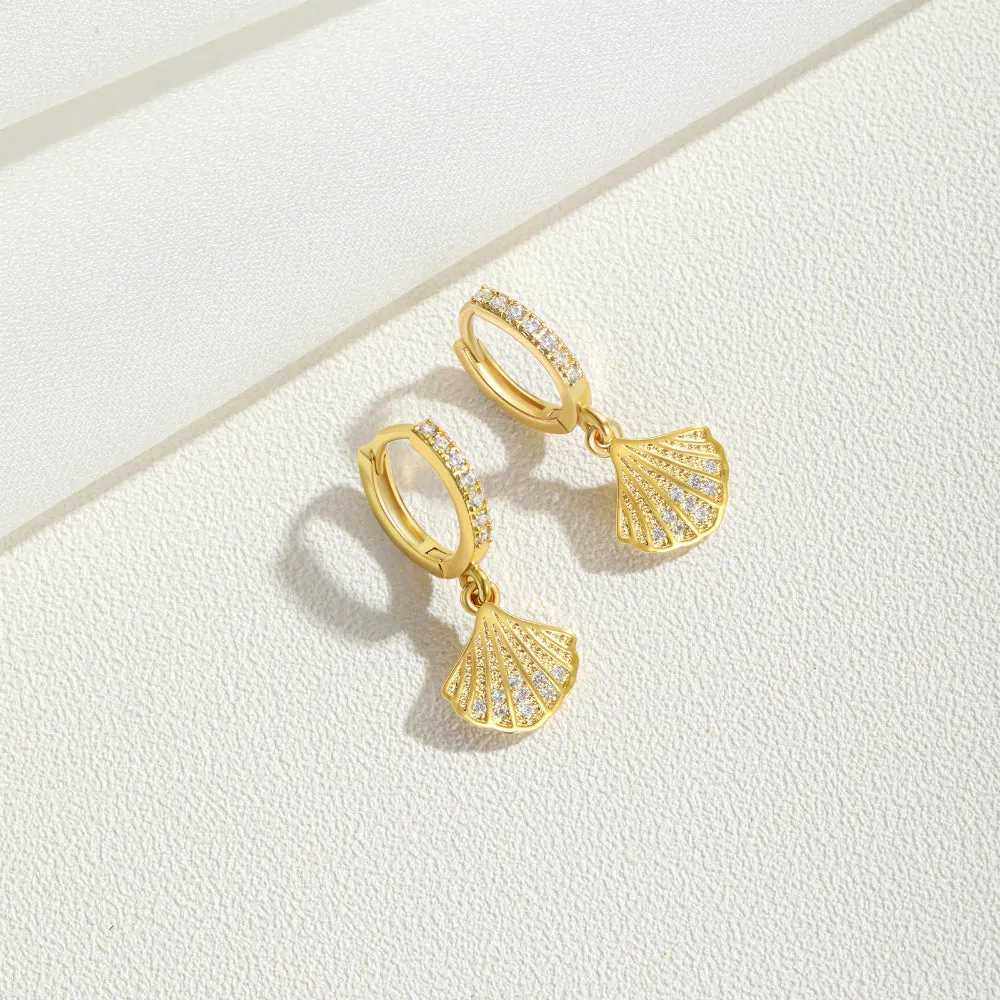 14K Gold Dangle Drop Hoop Earrings for Women Girls- Shell