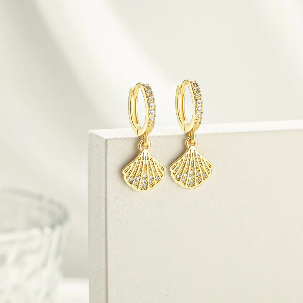 14K Gold Dangle Drop Hoop Earrings for Women Girls- Shell