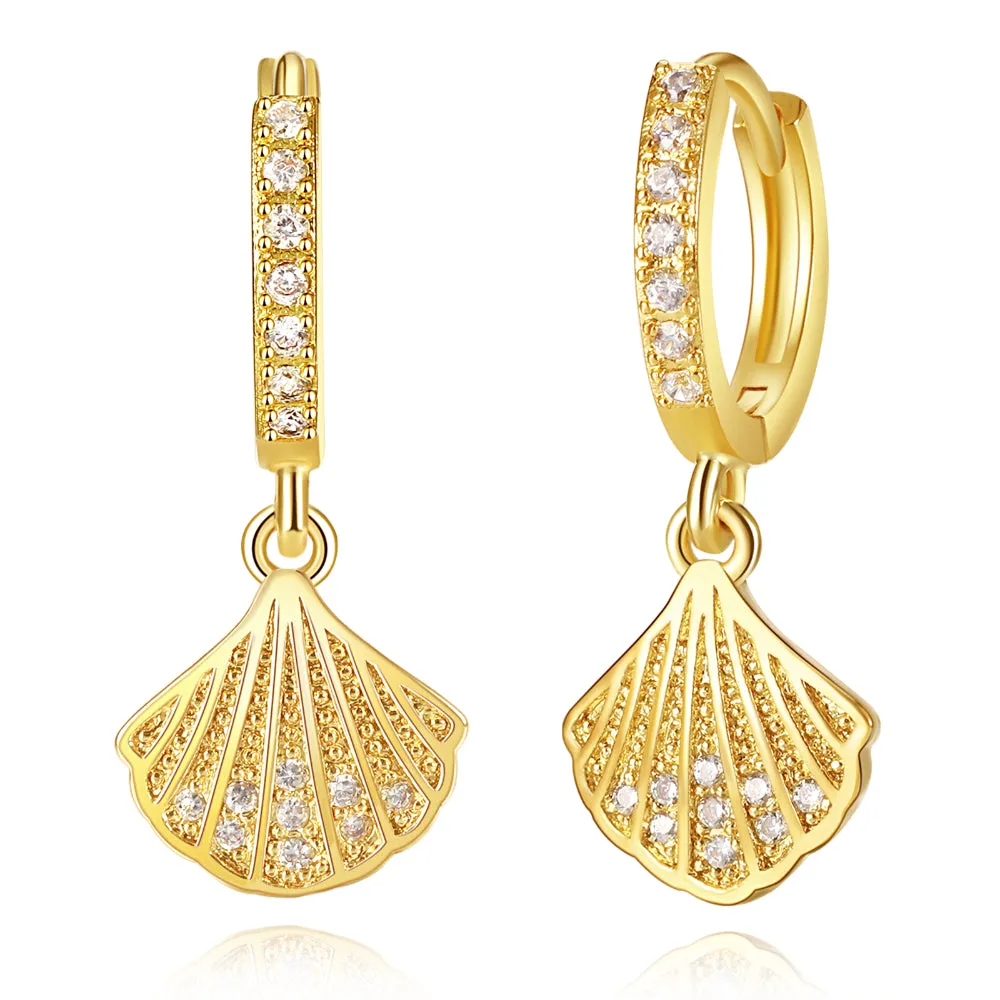 14K Gold Dangle Drop Hoop Earrings for Women Girls- Shell