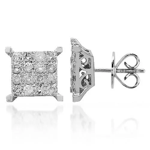 14K Solid White Gold Diamond Stud Earrings 1.50 Ctw