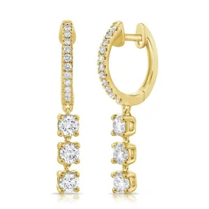 14K Yellow Gold Diamond Triple Dangle Huggie Earrings