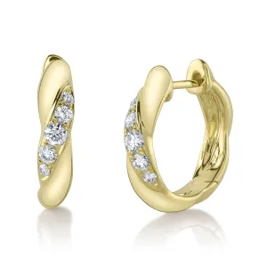 14K Yellow Gold Twisted Diamond Huggie Hoop Earrings