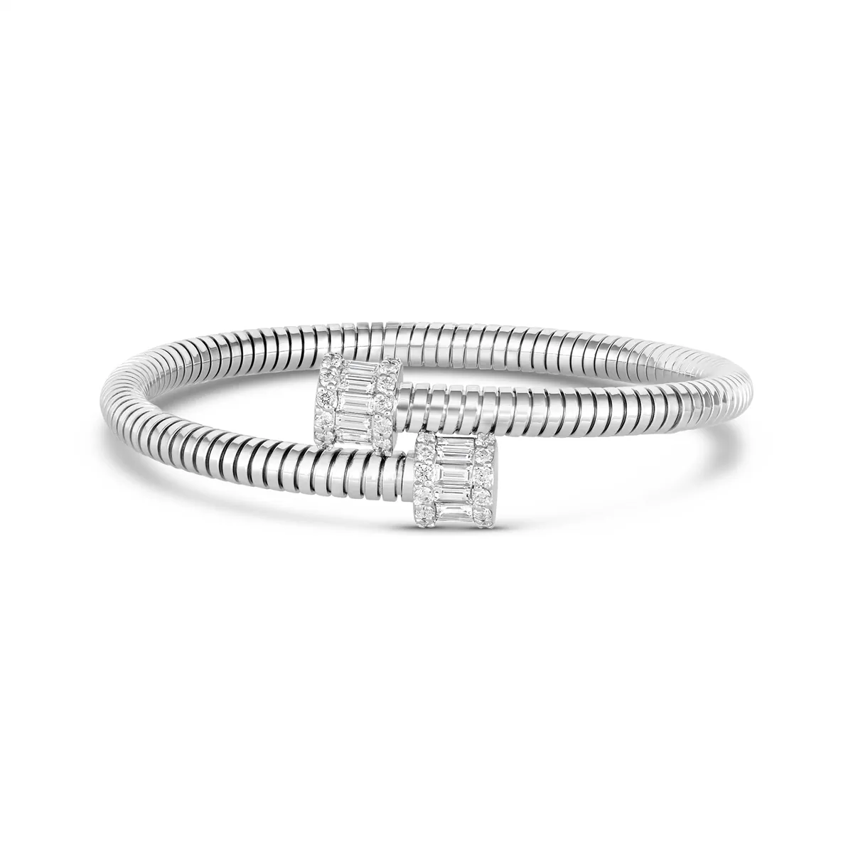 18K White Gold Flexible Bypass Cuff Bracelet with Diamond Ends