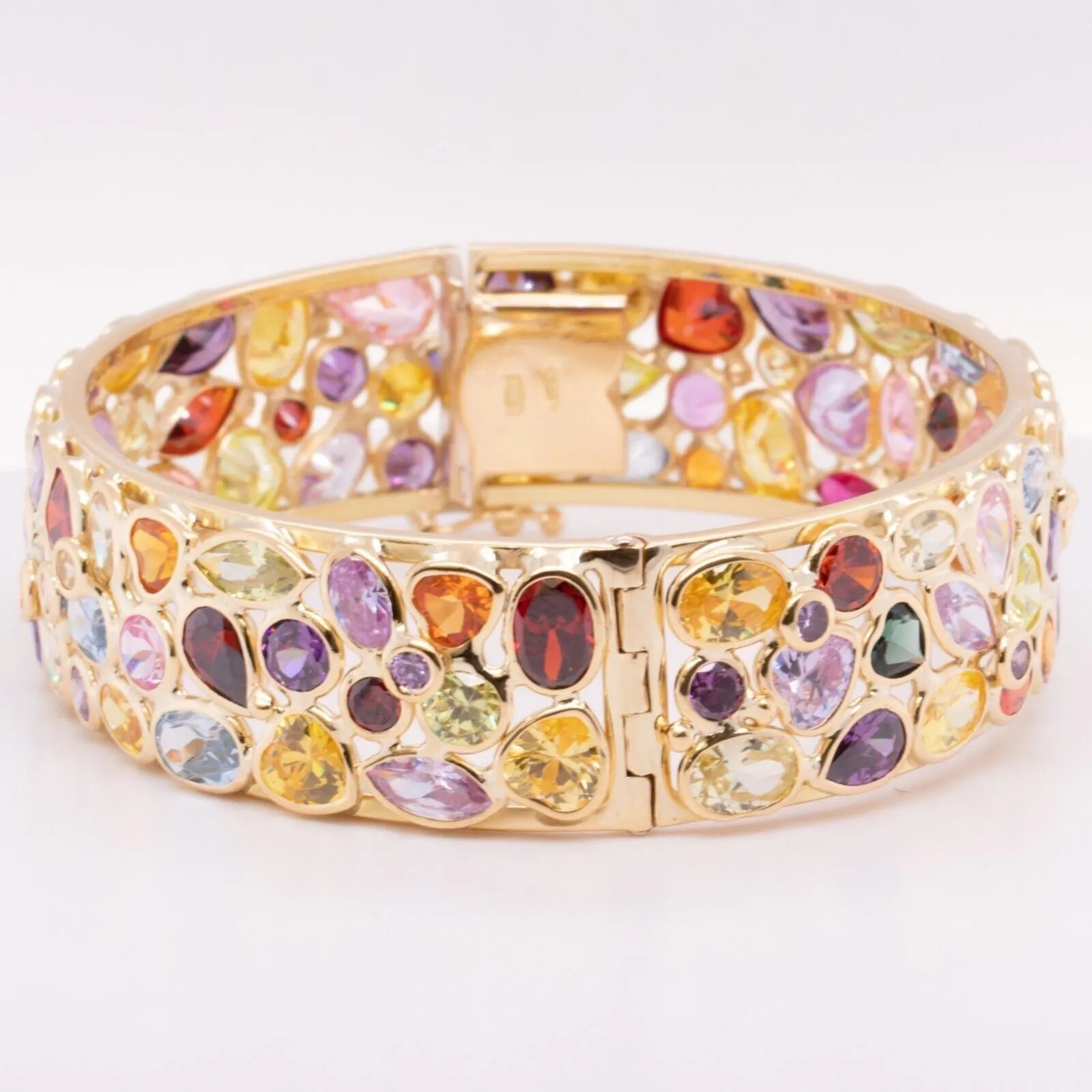 18k Yellow Gold Multi Rainbow Gemstone Hinged Bangle Bracelet 6.75" 45.2g ITALY