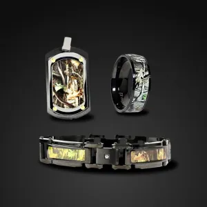 3 pc Black Camo Jewelry Set Hunting Bracelet Ring Dog Tag