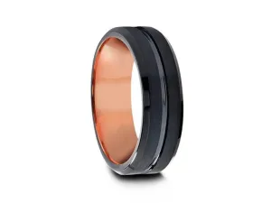 6MM BRUSHED Black Tungsten Wedding Band BEVELED AND ROSE GOLD INTERIOR