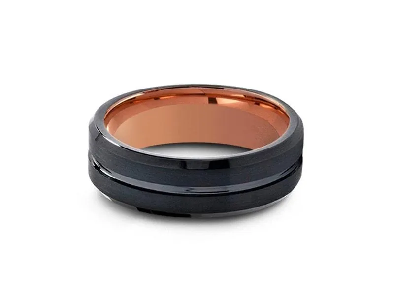 6MM BRUSHED Black Tungsten Wedding Band BEVELED AND ROSE GOLD INTERIOR