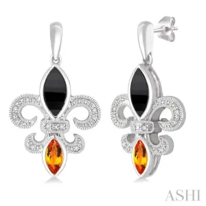 8x4 MM Marquise Cut Onyx, 6x3 MM Marquise Cut Citrine and 1/20 Ctw Round Cut Diamond Fleur De Lis Earrings in Sterling Silver