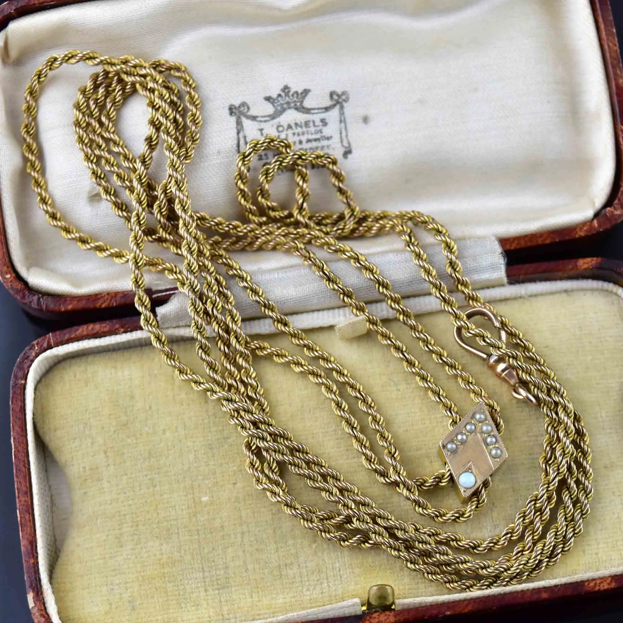 Antique 10K Gold Opal Pearl Slider Muff Guard Chain Necklace