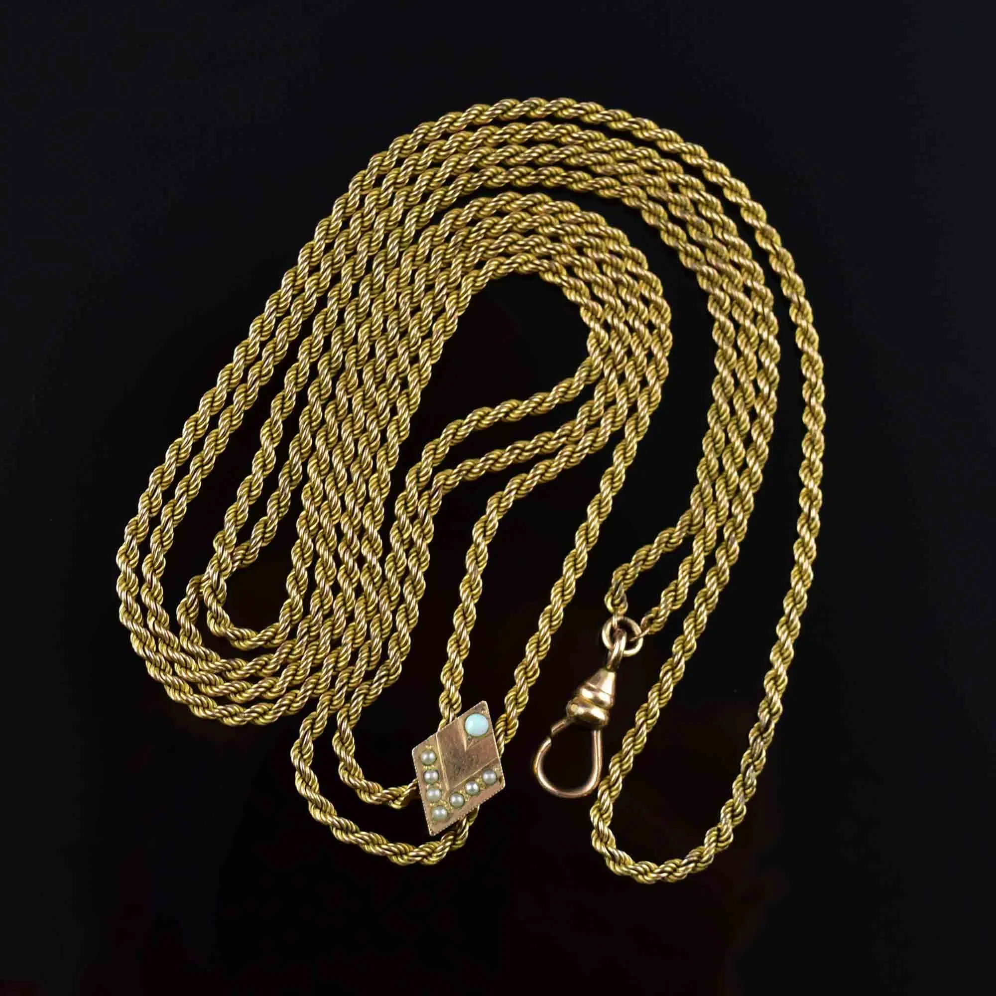 Antique 10K Gold Opal Pearl Slider Muff Guard Chain Necklace