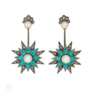 Antique turquoise, pearl, and diamond pendant star earrings