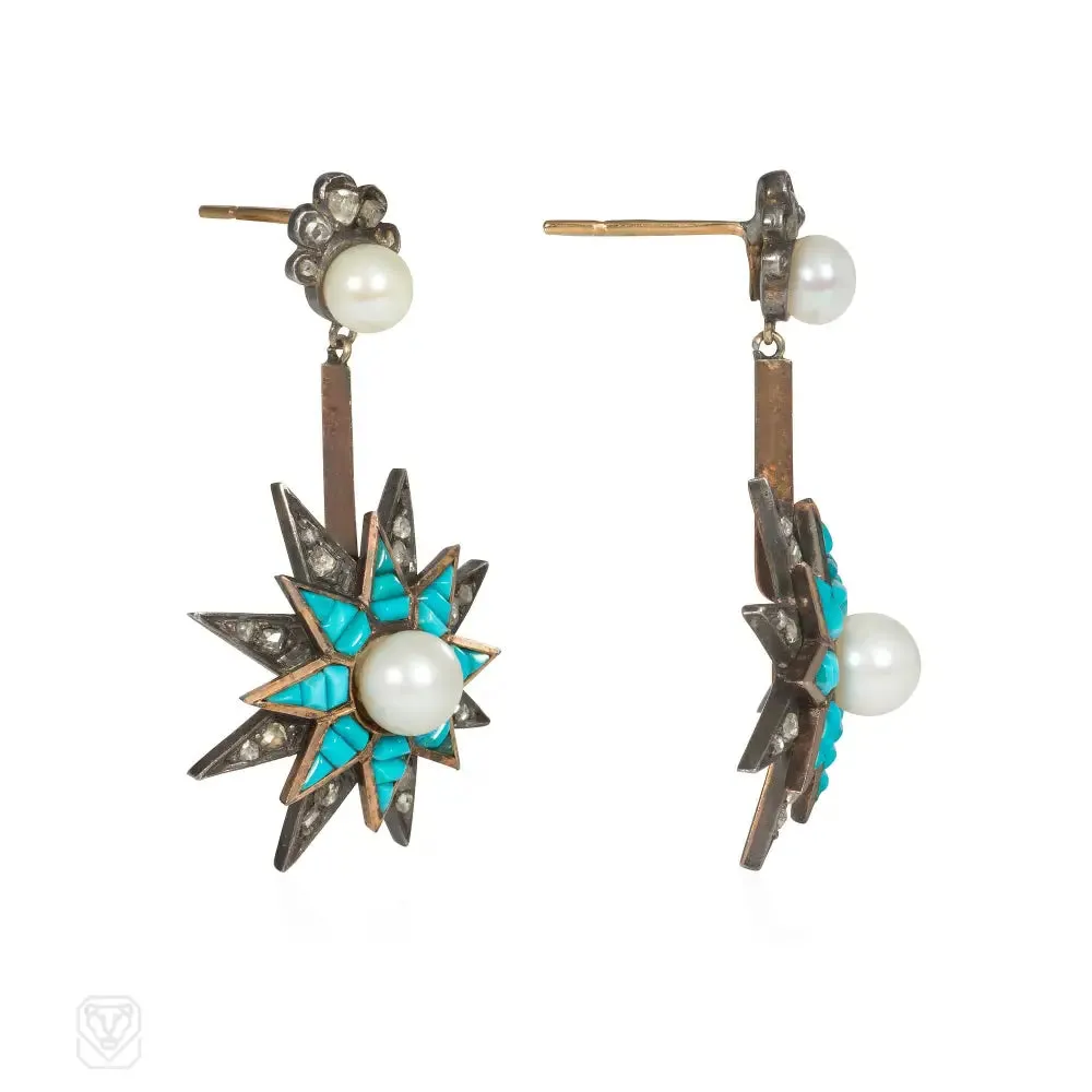 Antique turquoise, pearl, and diamond pendant star earrings