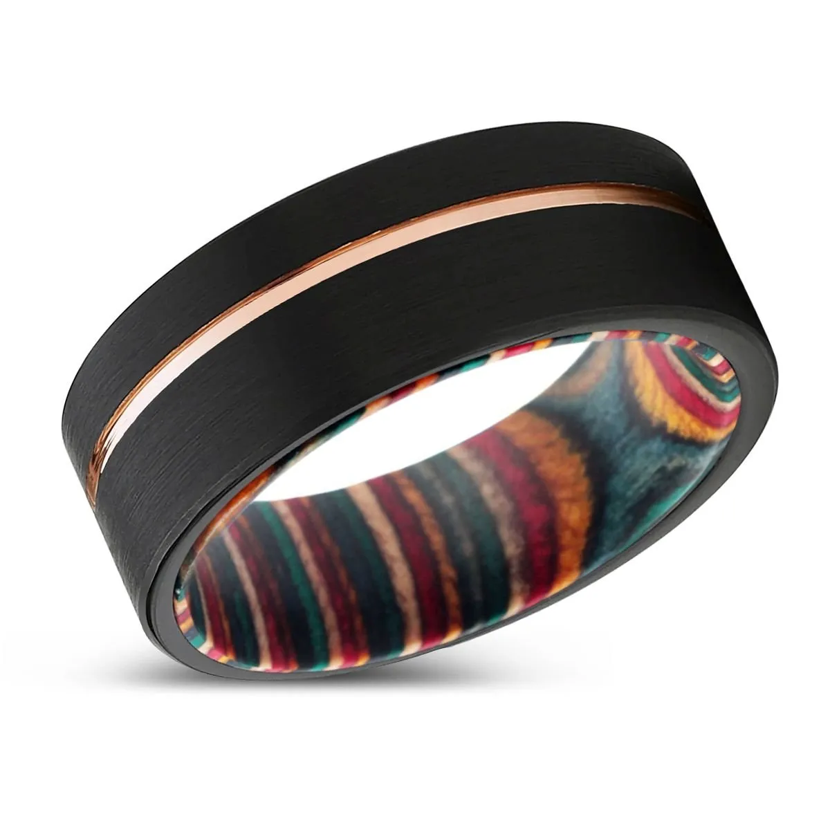 BANSHEE | Multi Color Wood, Black Tungsten Ring, Rose Gold Offset Groove, Brushed, Flat