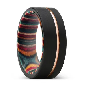 BANSHEE | Multi Color Wood, Black Tungsten Ring, Rose Gold Offset Groove, Brushed, Flat