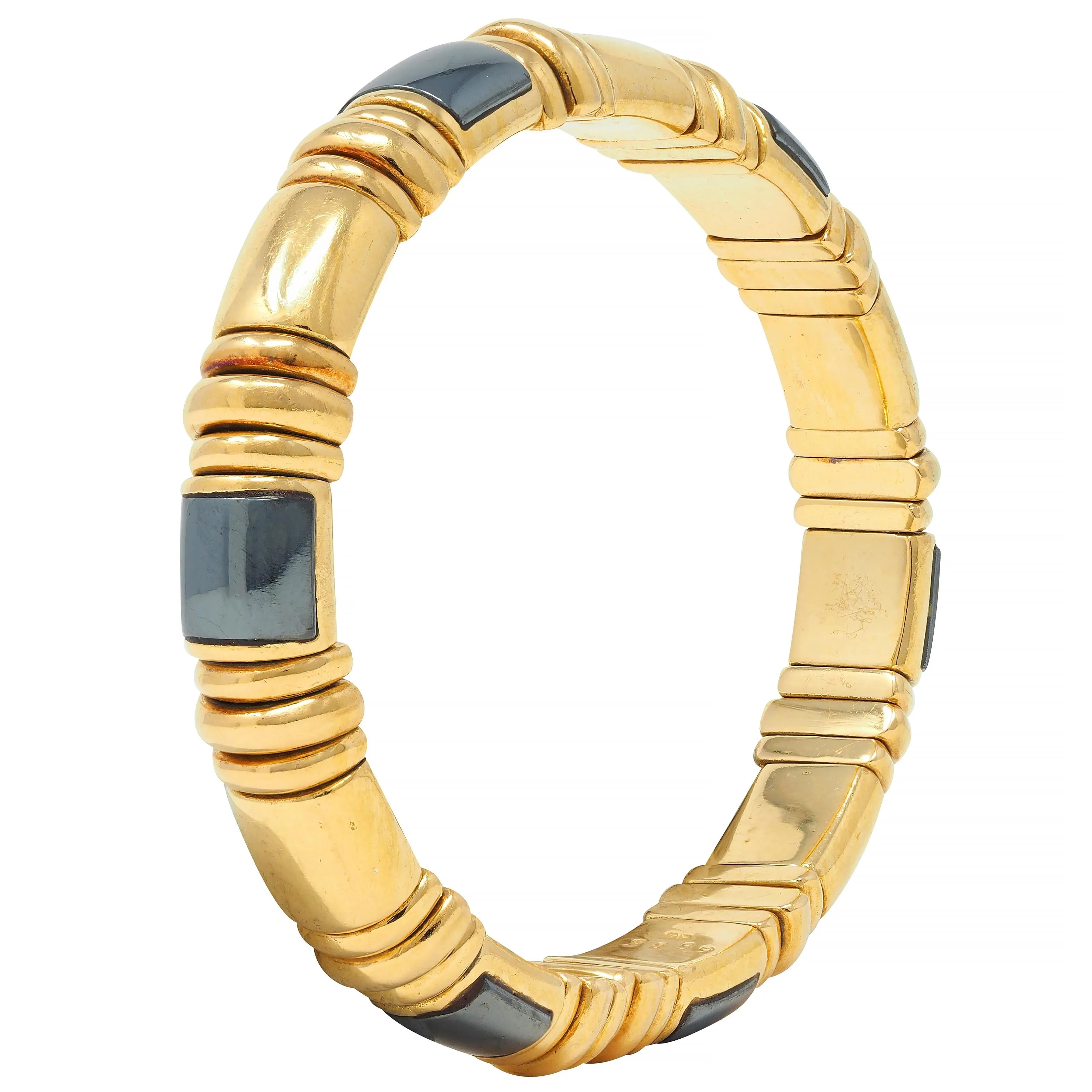 Bulgari 1990's 18 Karat Yellow Gold Hematite Vintage Tubogas Cuff Bracelet