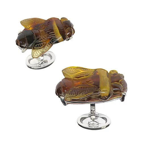 Carved Amber Gemstone Bee Sterling Silver Cufflinks I Jan Leslie