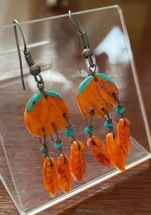 Carved Feather Spiny Oyster Turquoise Drop Dangly Earrings Native American