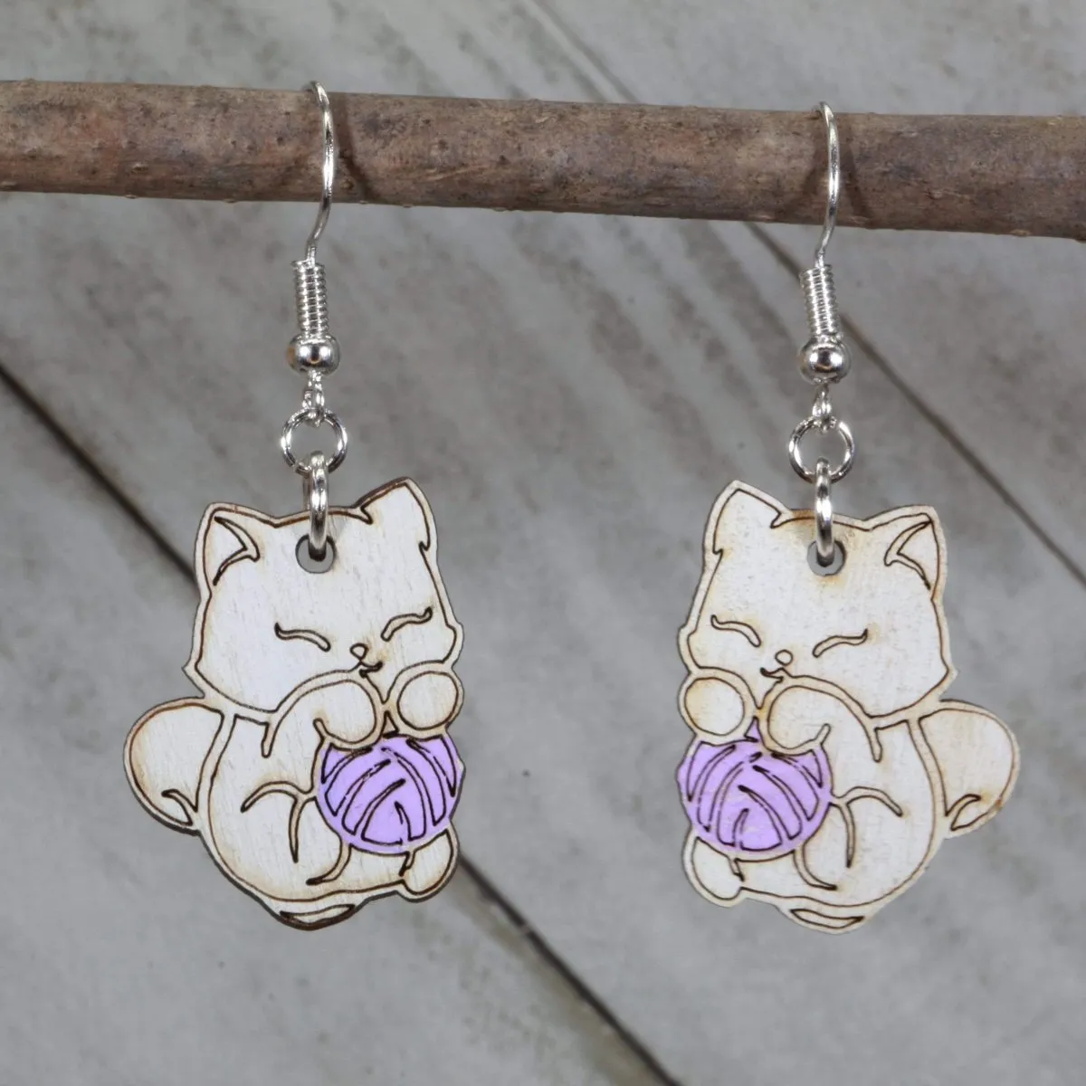 Cat and Yarn Wooden Dangle Earrings by Cate's Concepts, LLC