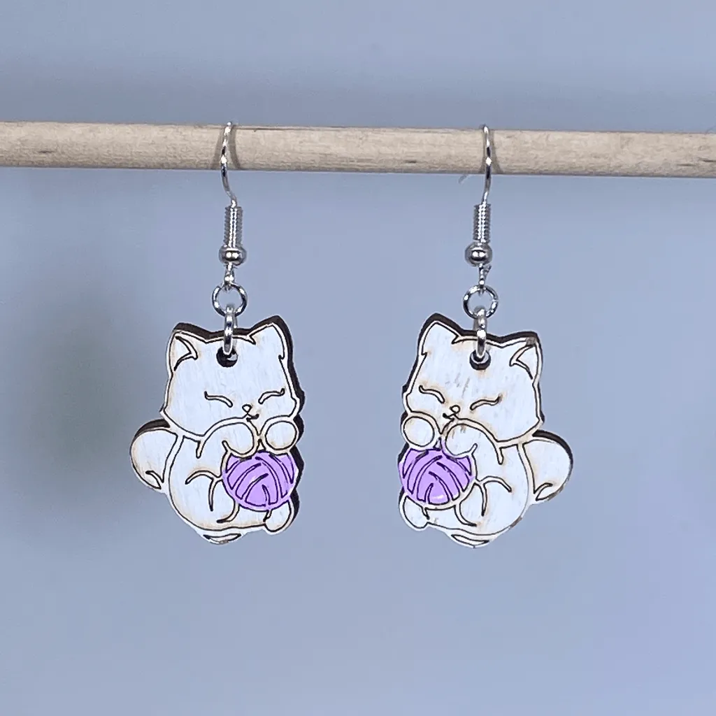 Cat and Yarn Wooden Dangle Earrings by Cate's Concepts, LLC