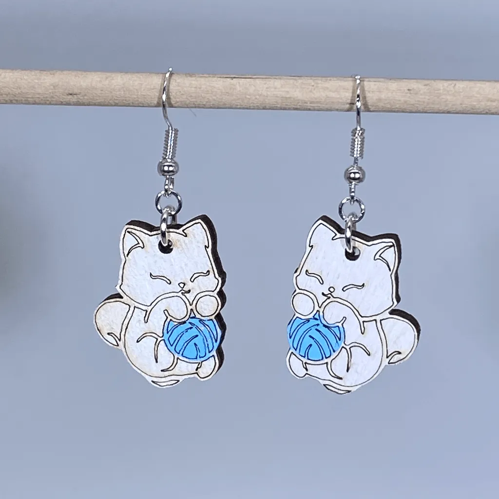 Cat and Yarn Wooden Dangle Earrings by Cate's Concepts, LLC