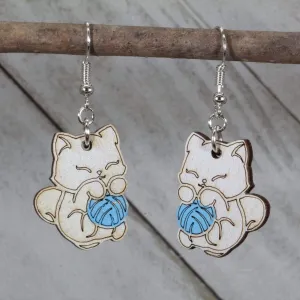 Cat and Yarn Wooden Dangle Earrings by Cate's Concepts, LLC