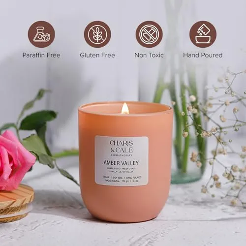 Charis & Cale Amber Valley Candle Jar - 150 Gm | Smokeless, Soot-Free & Non-Toxic Candles for Home Decor & Aromatherapy | Long Burning Time of 25  Hours | Best for Gifting & Meditation