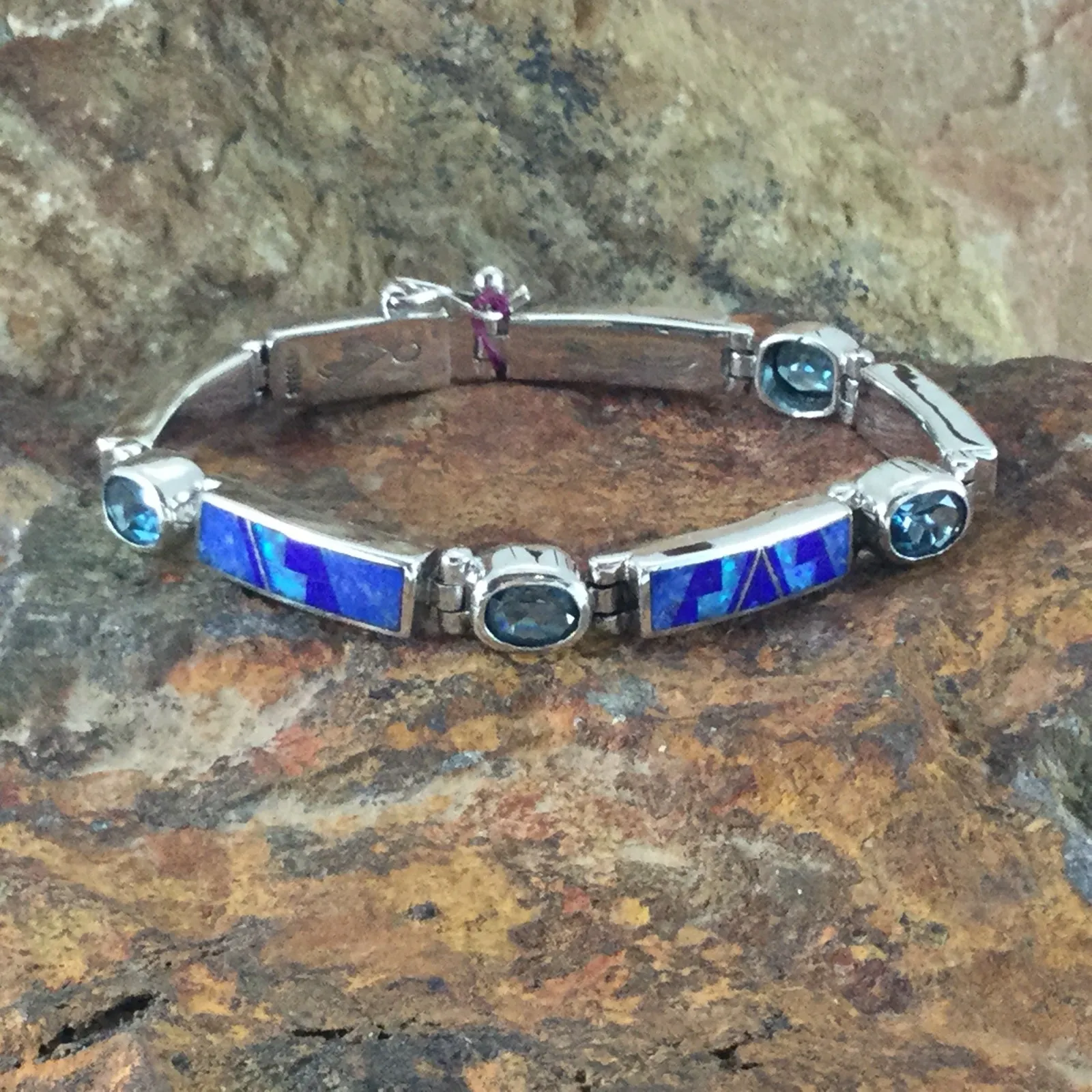 David Rosales Blue Sky Fancy Inlaid Sterling Silver Big Link Bracelet w/ Blue Topaz