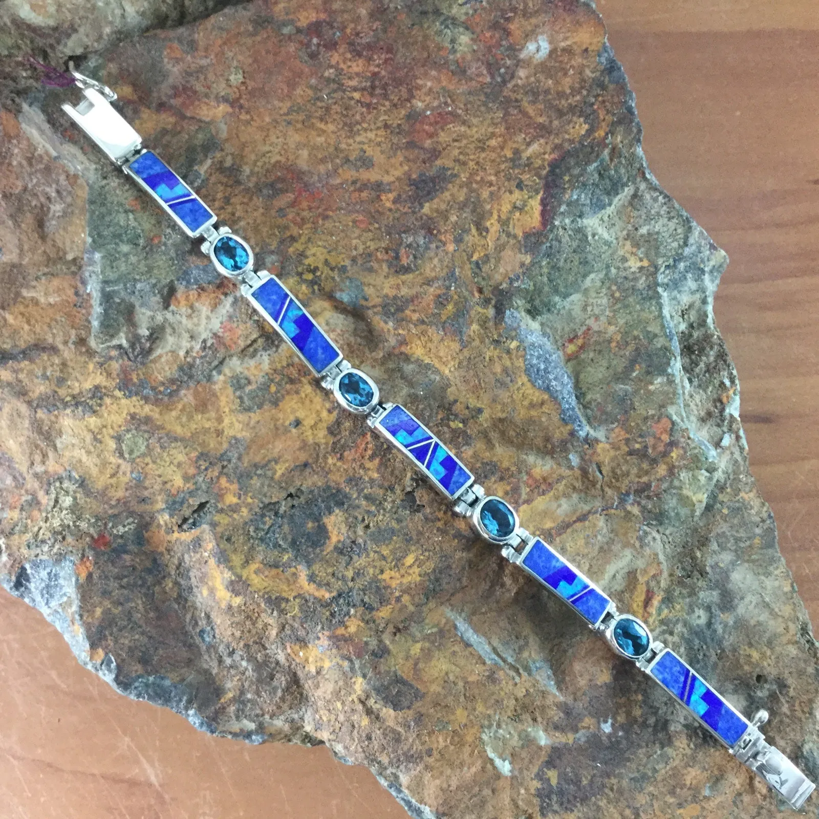 David Rosales Blue Sky Fancy Inlaid Sterling Silver Big Link Bracelet w/ Blue Topaz