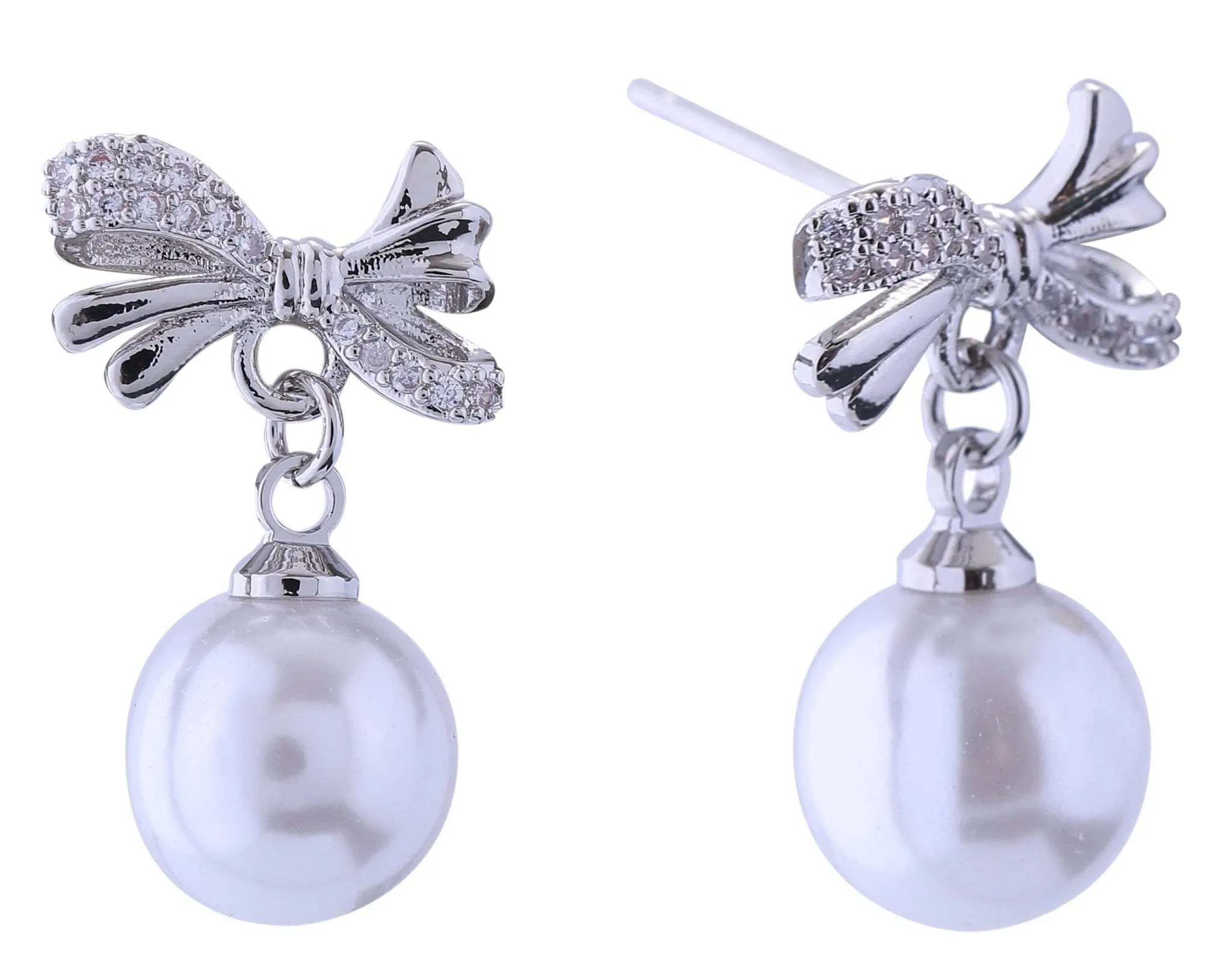 DJE310893 14K Dipped Dangle Pearl Ribbon Post Earrings