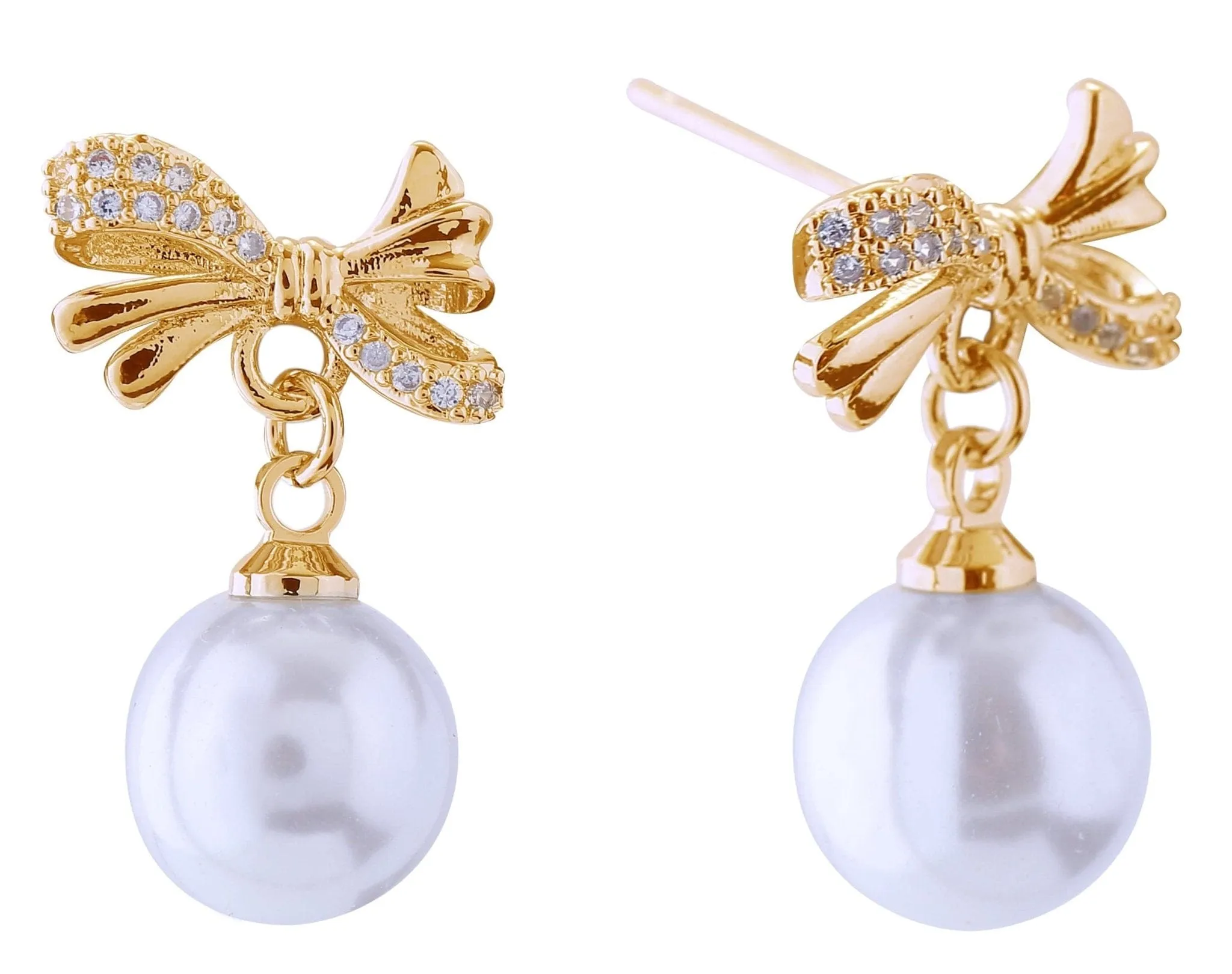 DJE310893 14K Dipped Dangle Pearl Ribbon Post Earrings