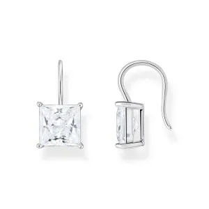 Earrings with square stone pendant in white silver