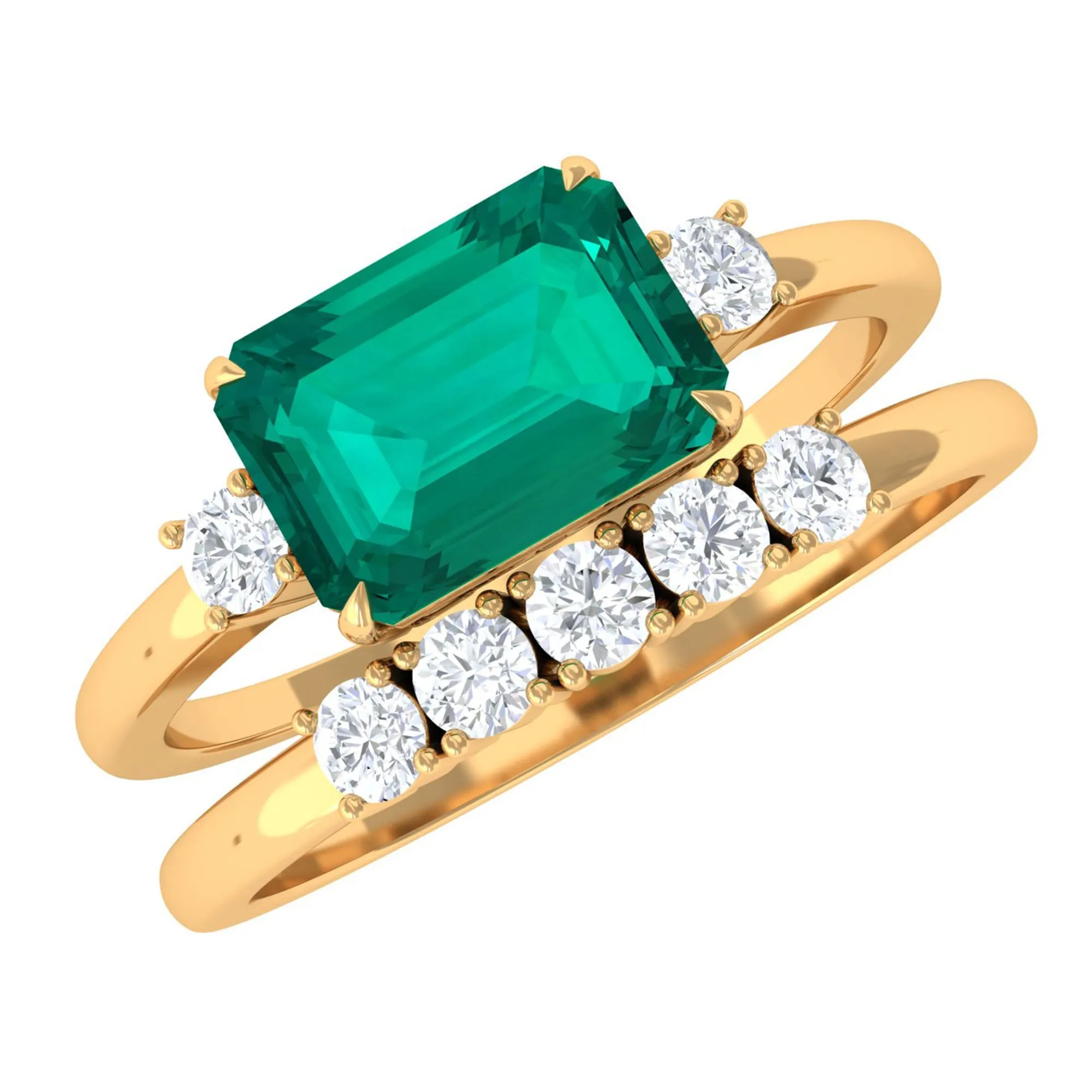 East West Emerald and Diamond Wedding Ring Set