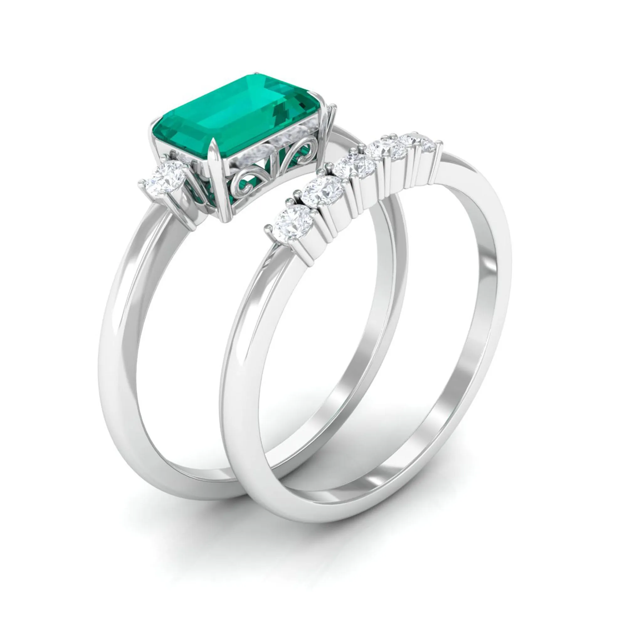 East West Emerald and Diamond Wedding Ring Set