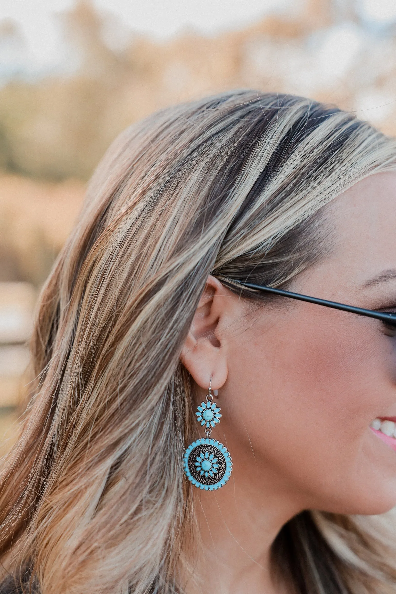 Floral Chonco Turquoise Dangle Earrings - Silver