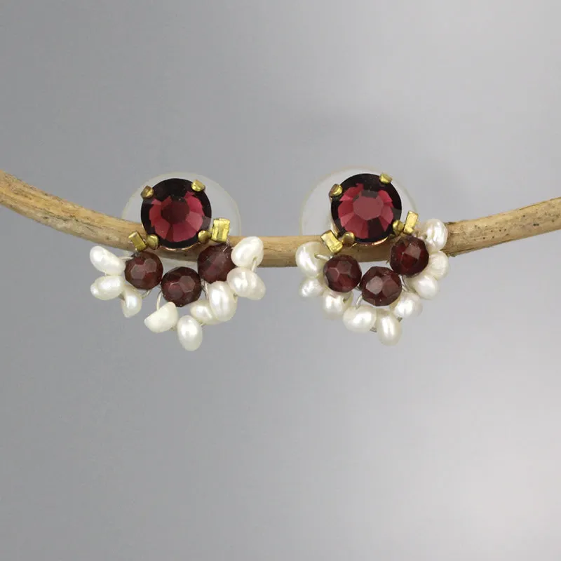 Garnet Pearl Fan Stud Earrings