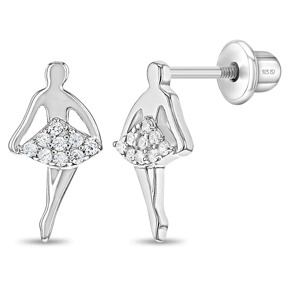 Glittering Ballerina Kids / Children's / Girls Earrings Screw Back - Sterling Silver