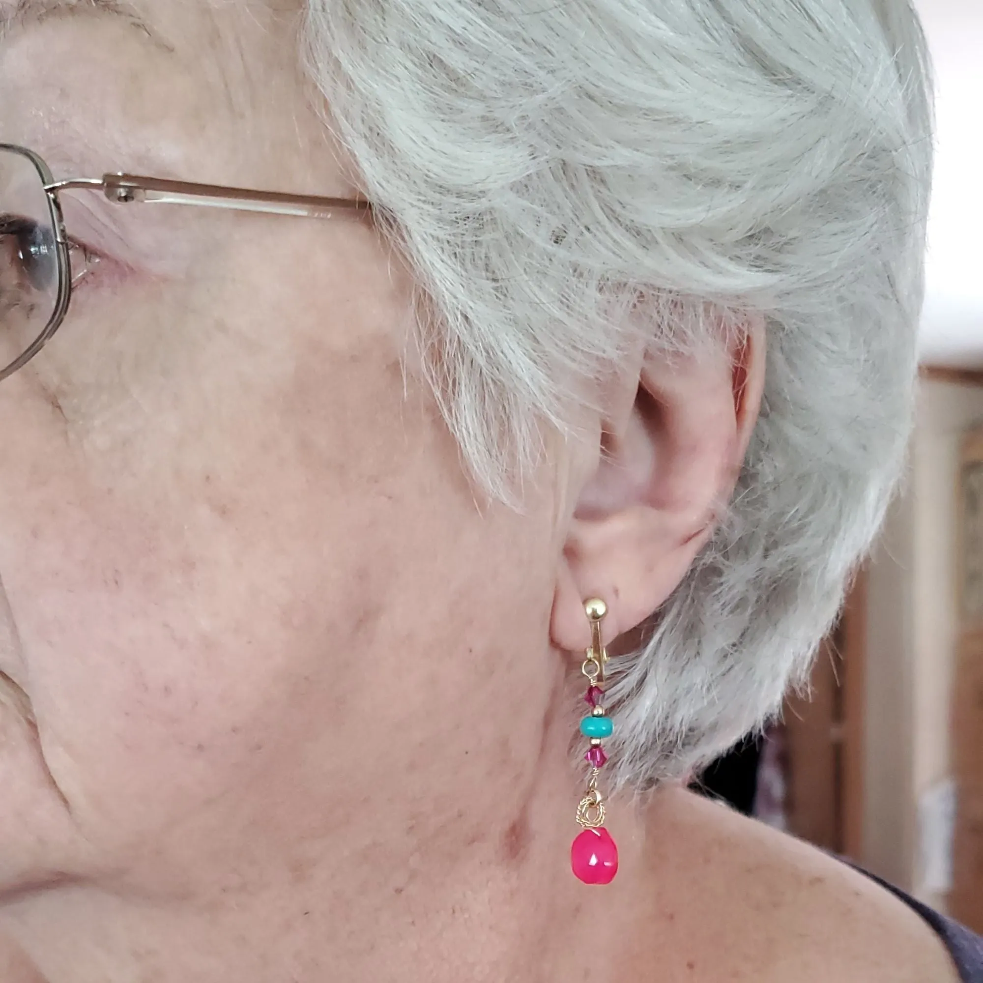 Gold Filled Wire Wrapped Pink And Turquoise Gemstone Earrings