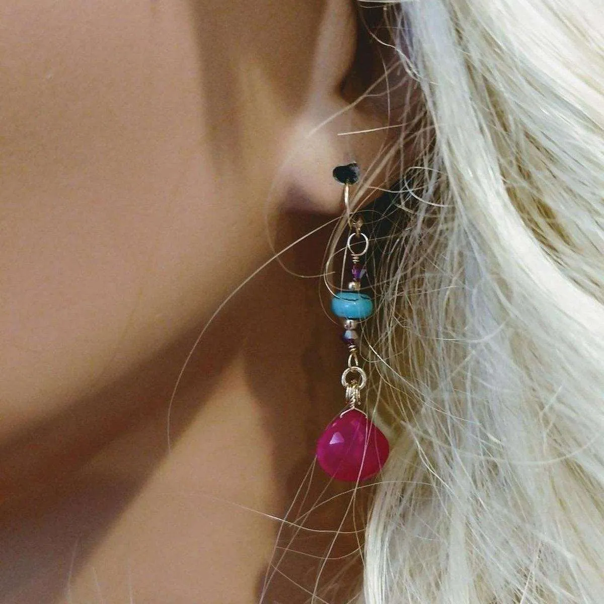 Gold Filled Wire Wrapped Pink And Turquoise Gemstone Earrings