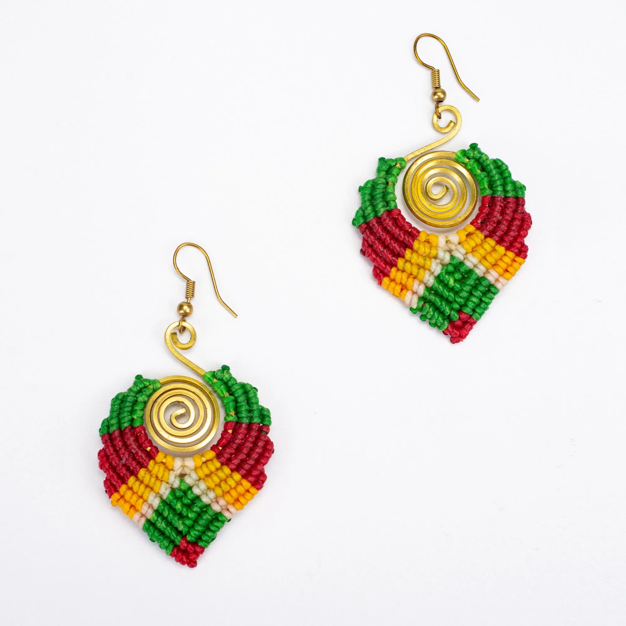 Green Red Waxed String Spiral Brass Earrings