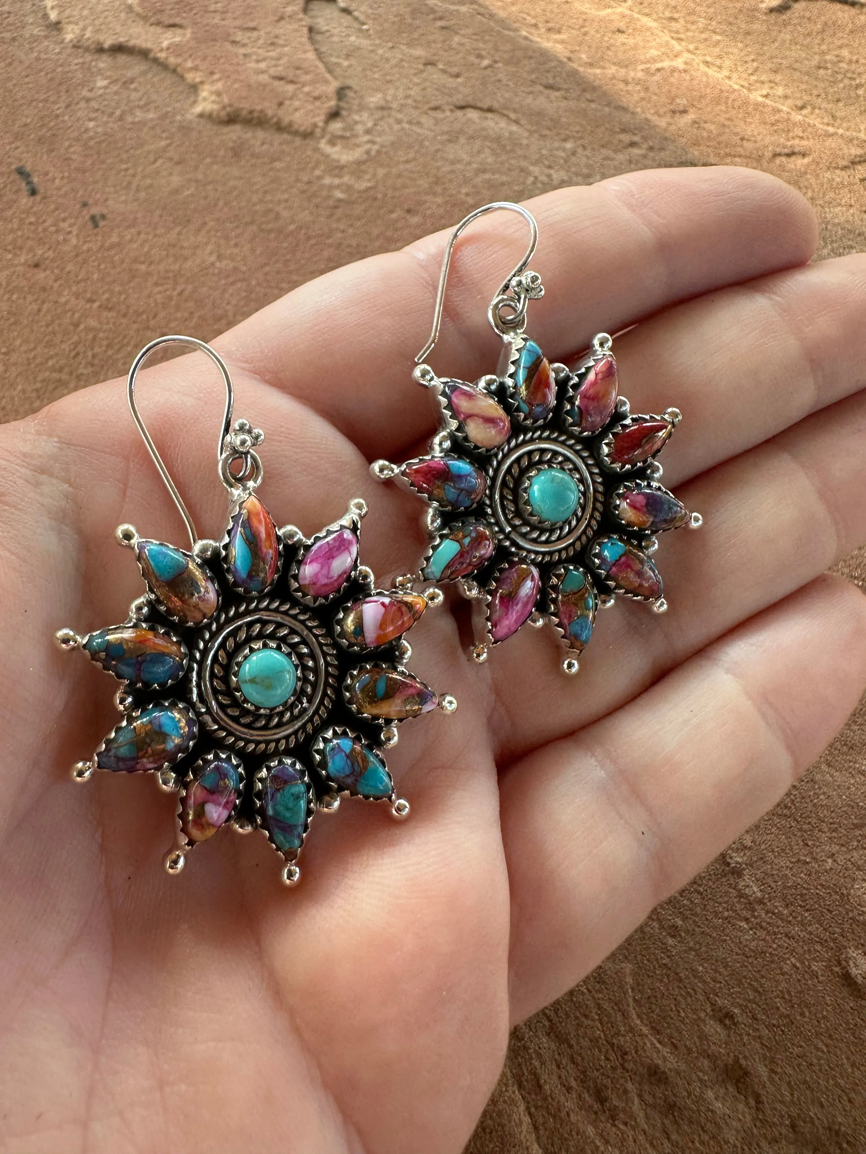 Handmade Pink Dream, Turquoise And Sterling Silver Cluster Dangle Earrings