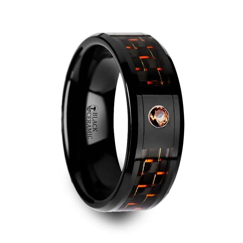 HELSING | Black Ceramic Ring, Orange Padparadscha Stone, Black & Orange Carbon Fiber Inlay, Beveled