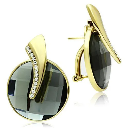 IP Gold(Ion Plating) Brass Earrings with Synthetic Synthetic Glass in Black Diamond for Women Black Diamond Stone Color Style GL343