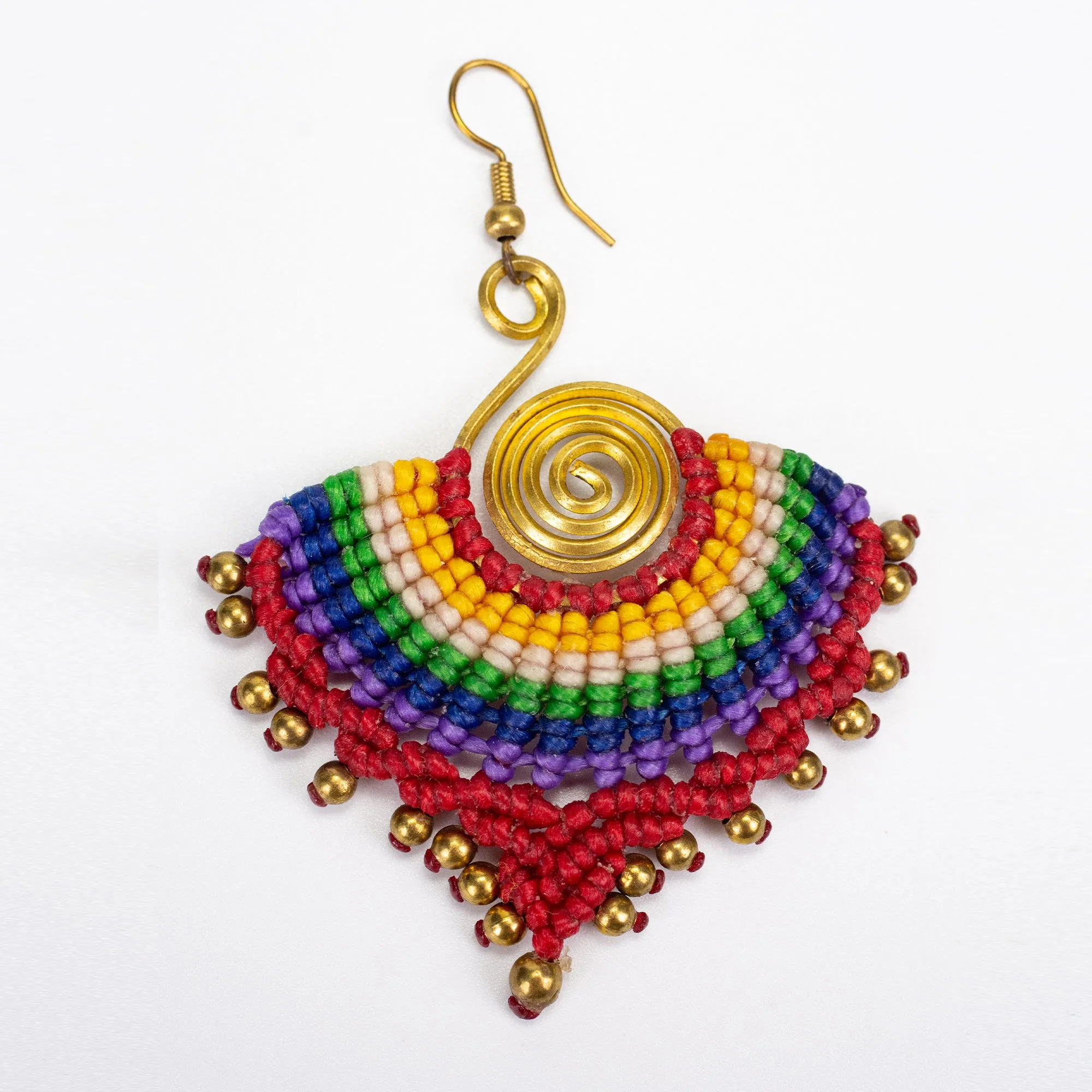 Maroon Rainbow Waxed String Spiral Brass Earrings