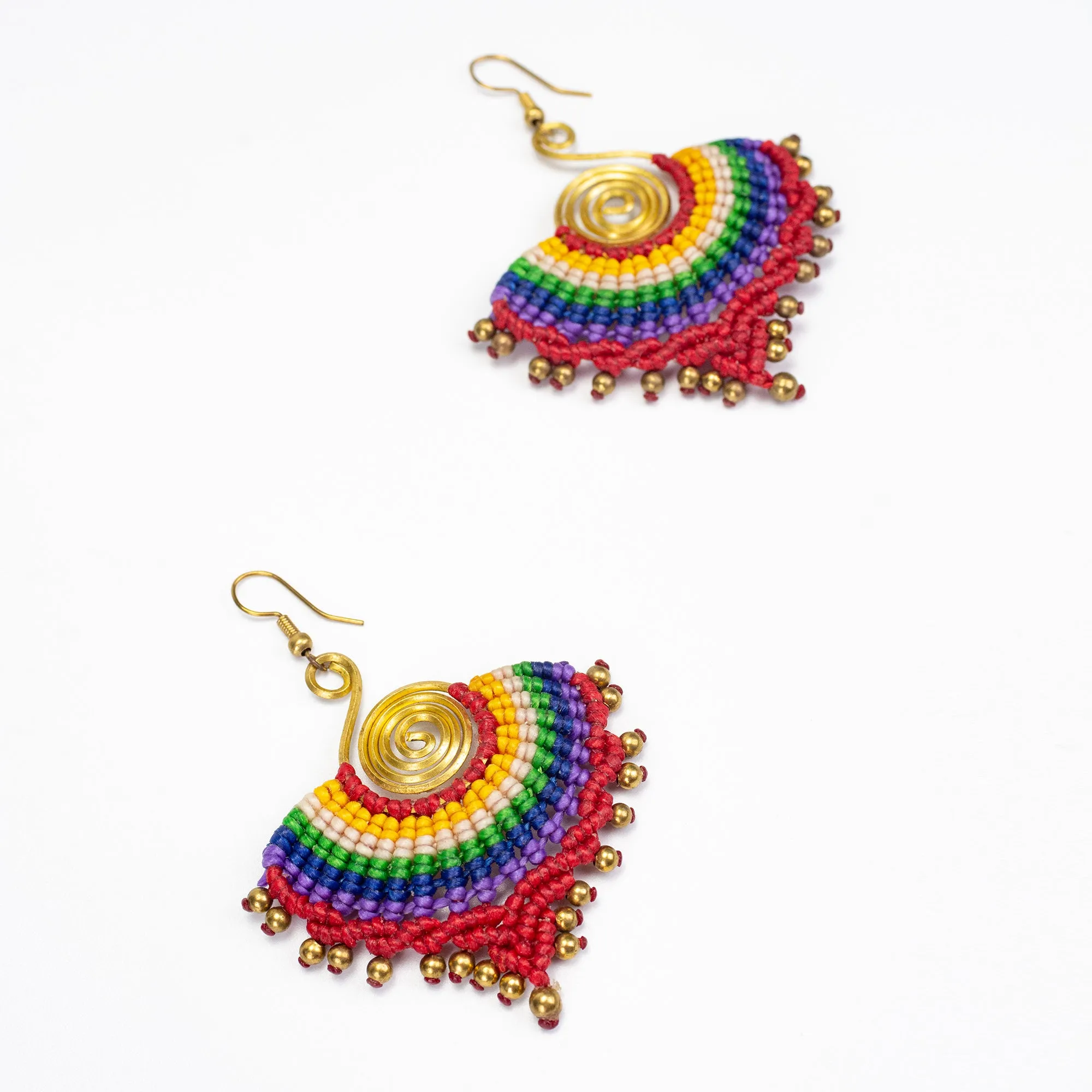 Maroon Rainbow Waxed String Spiral Brass Earrings