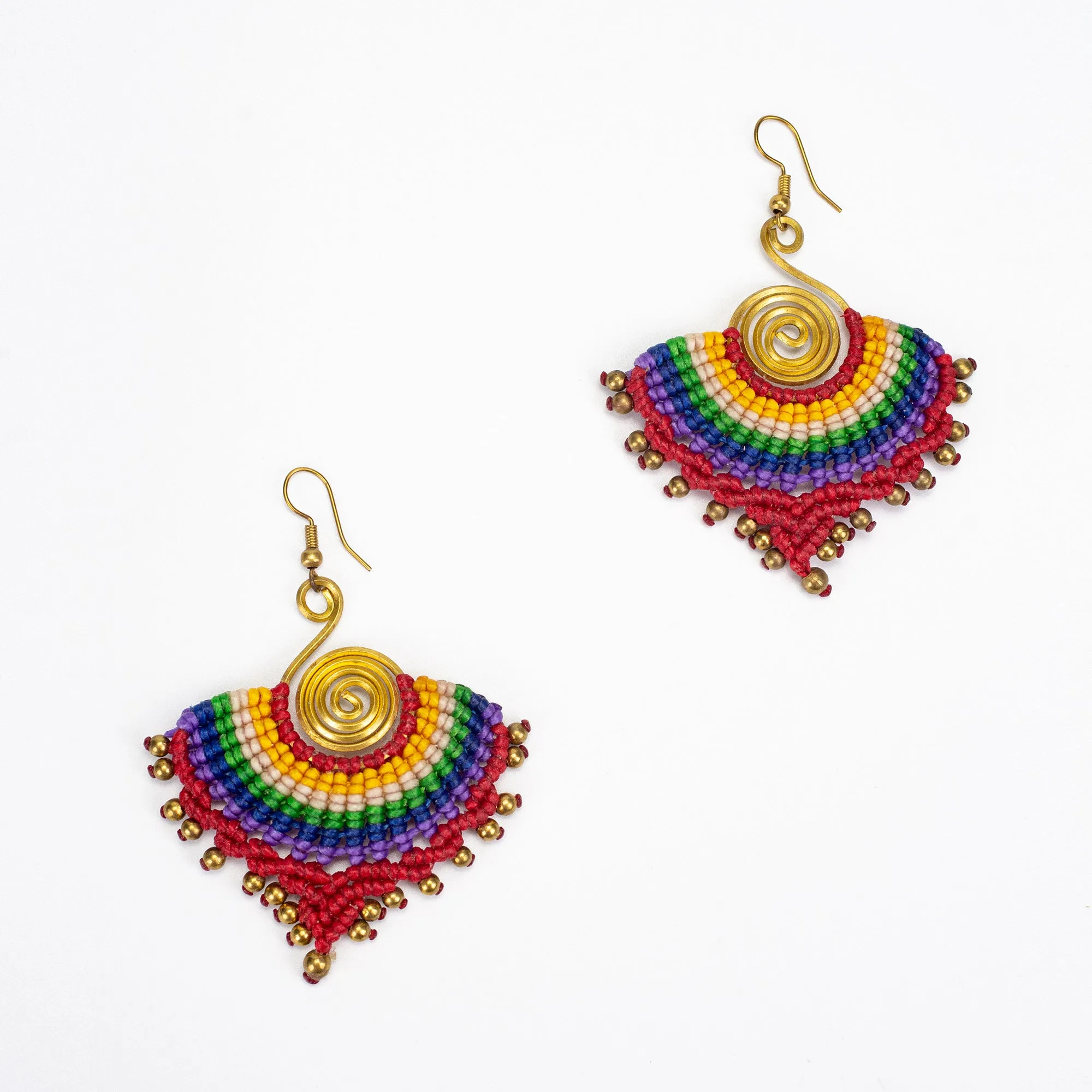 Maroon Rainbow Waxed String Spiral Brass Earrings