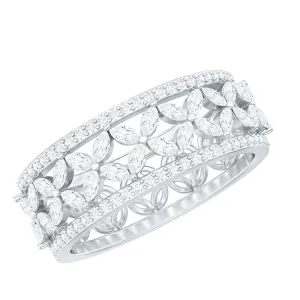 Marquise and Round Cut Moissanite Floral Accent Wedding Ring