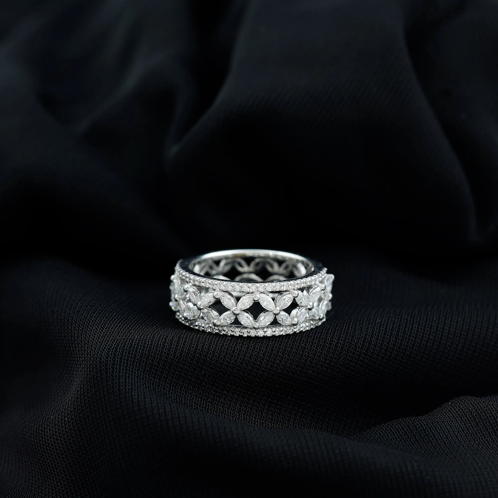 Marquise and Round Cut Moissanite Floral Accent Wedding Ring