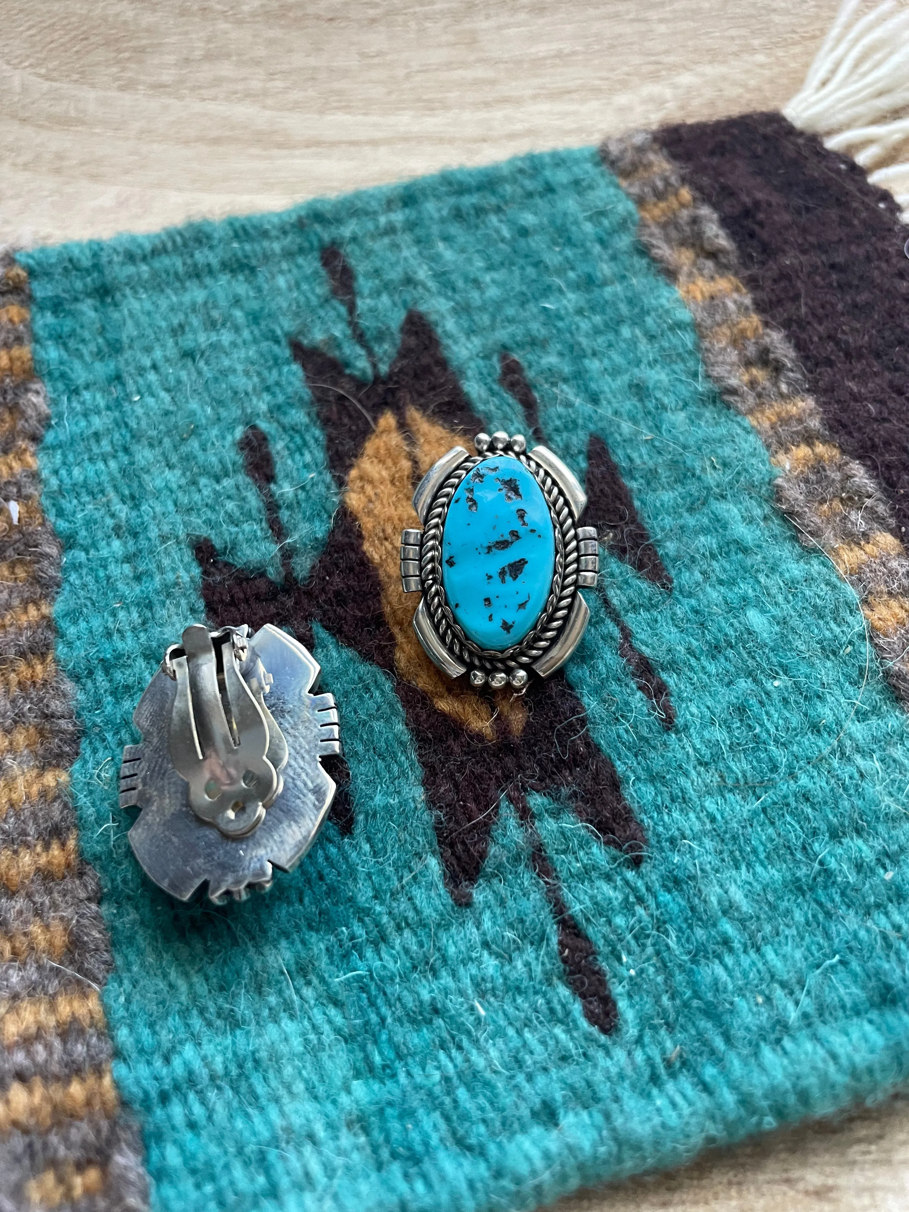 Navajo Sterling Silver & Kingman Turquoise Clip On Earrings