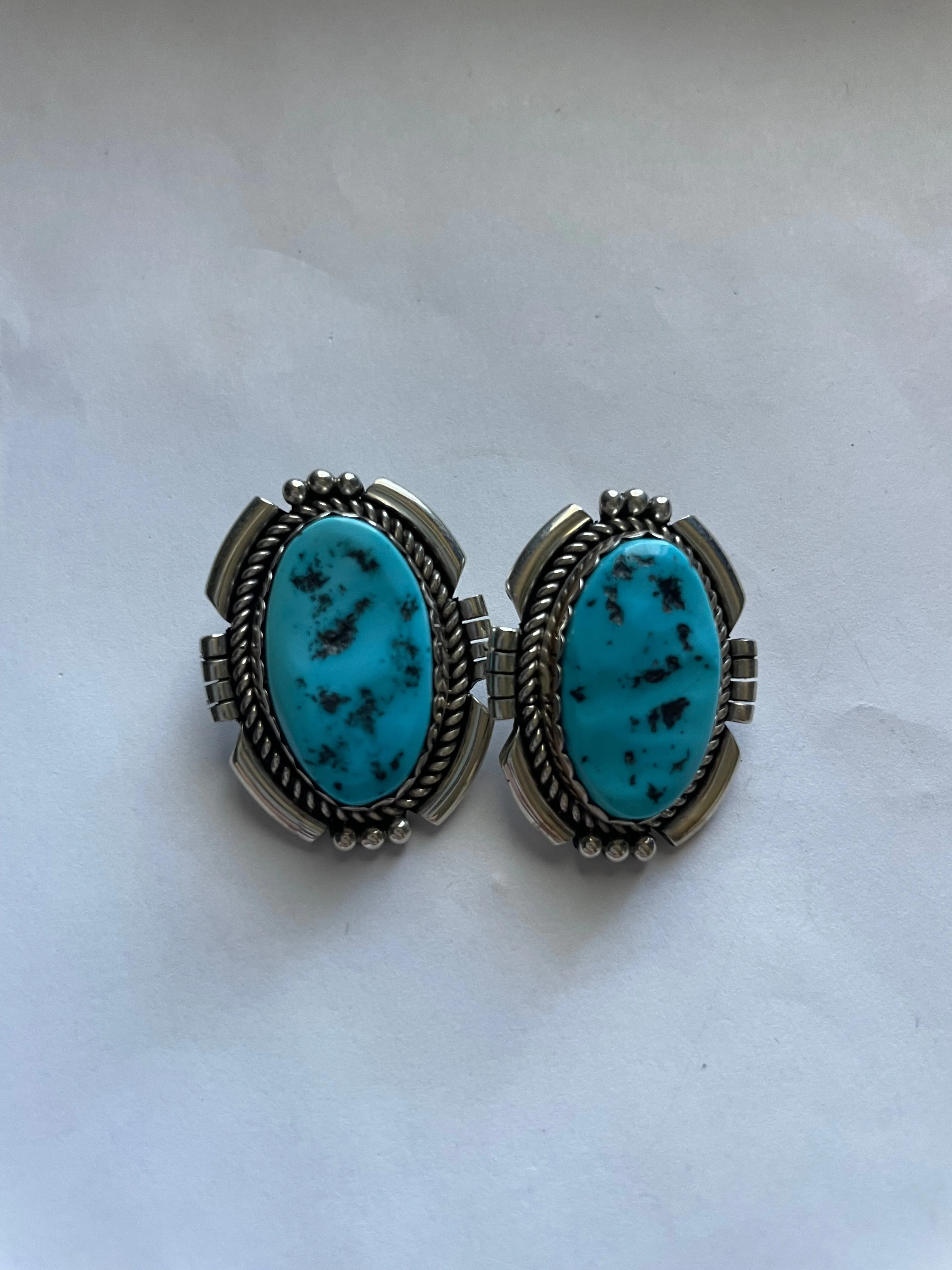 Navajo Sterling Silver & Kingman Turquoise Clip On Earrings