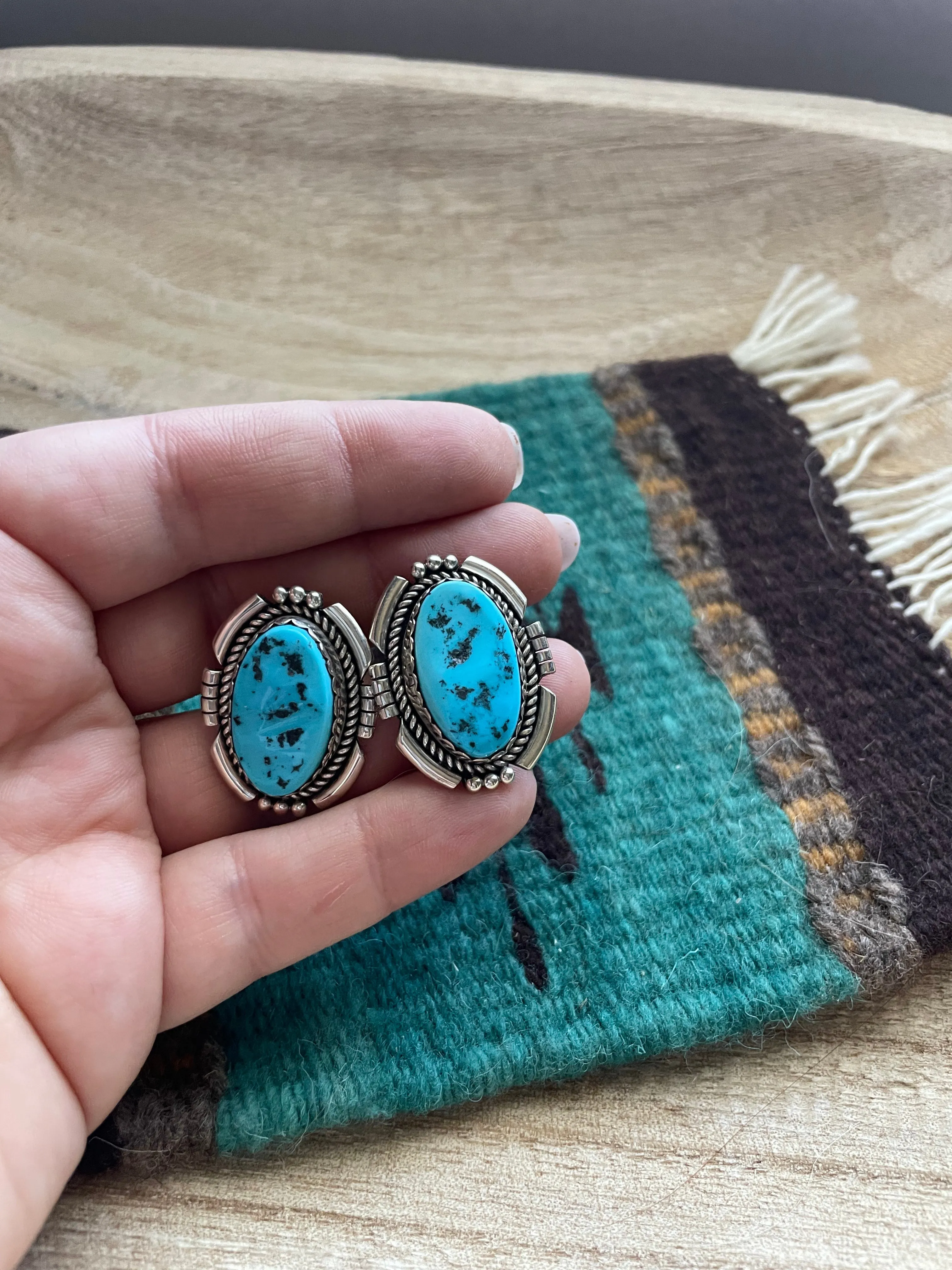 Navajo Sterling Silver & Kingman Turquoise Clip On Earrings